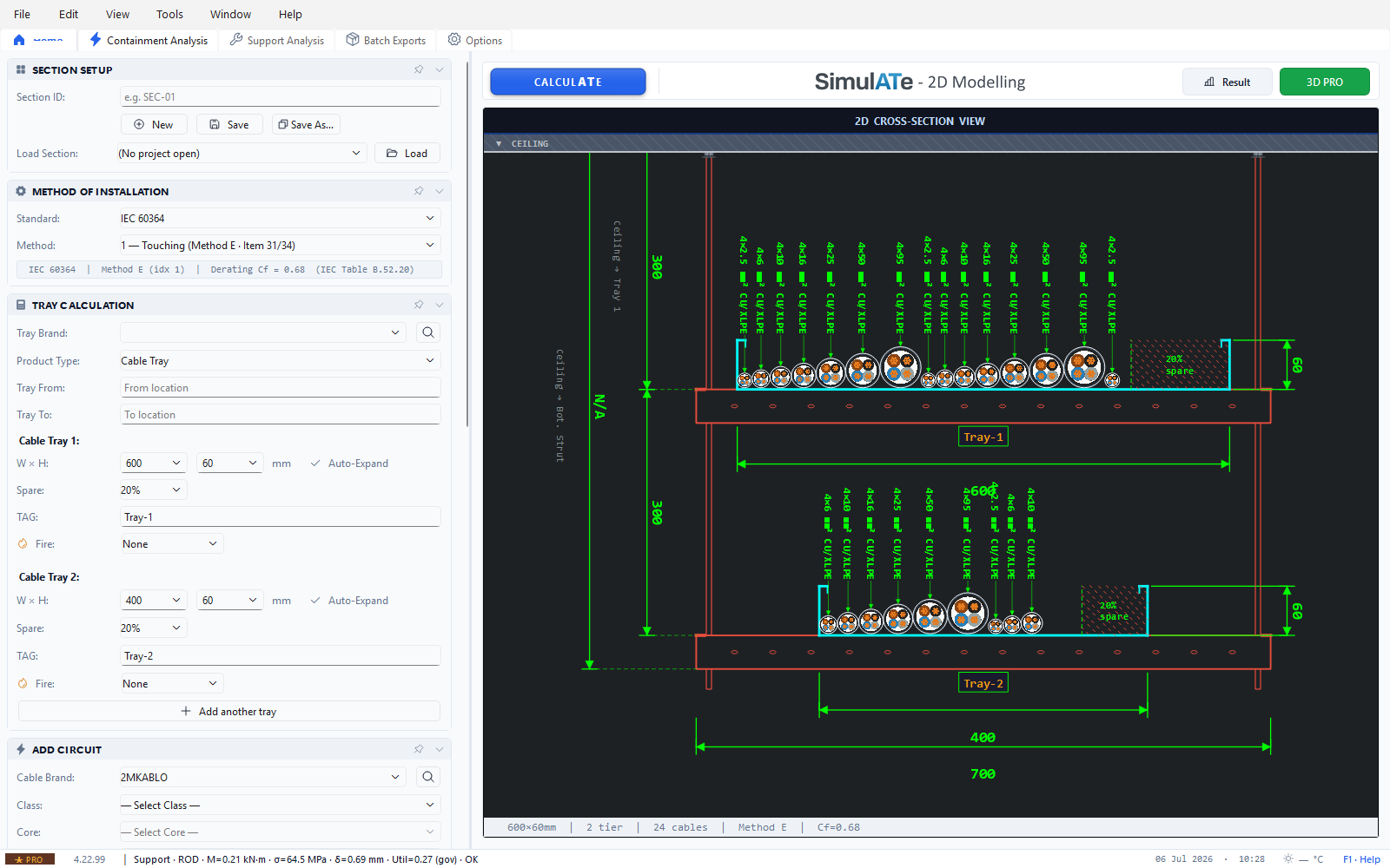 Containment Analysis — dimensioned 2D cross-section of two tray tiers with placed cables