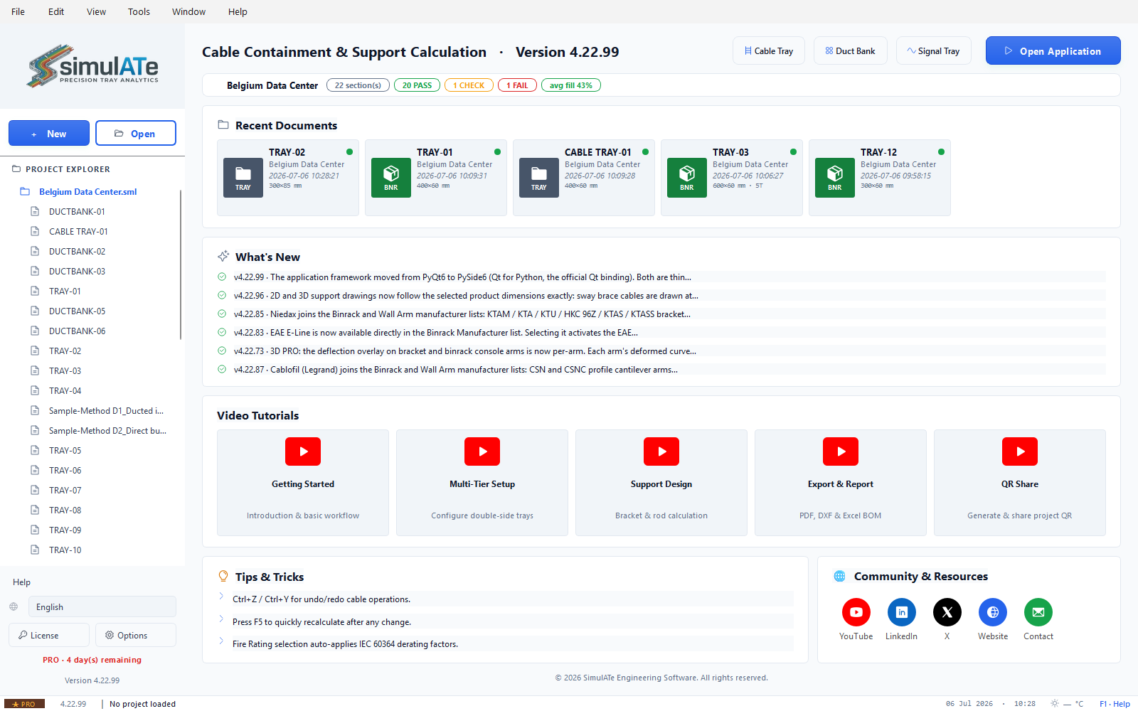Project dashboard — sections, verdict badges, recent documents and what's new feed