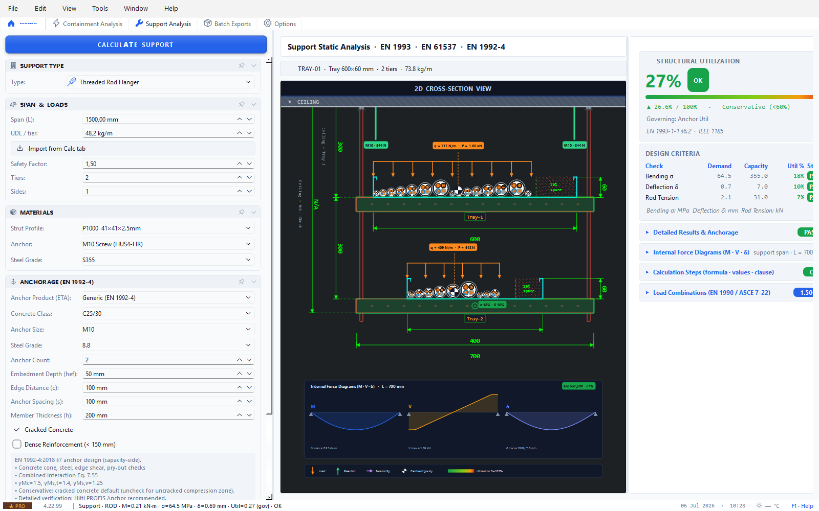 Support Static Analysis — free-body diagram with M/V/δ internal force diagrams and utilization panel